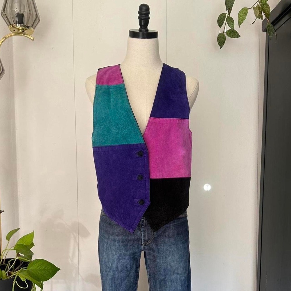 Vintage Notorious 90s Color Block Leather Vest Teal Purple Pink Black Medium